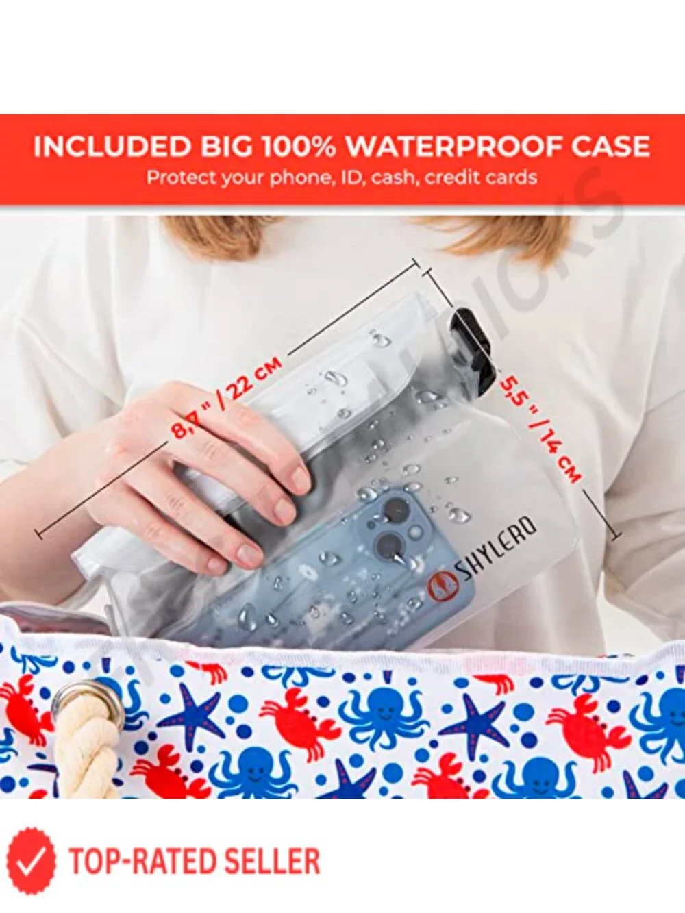 Waterproof Beach Tote Bag with Cooler Pocket, 7 Pockets, Zip Top, Large Family